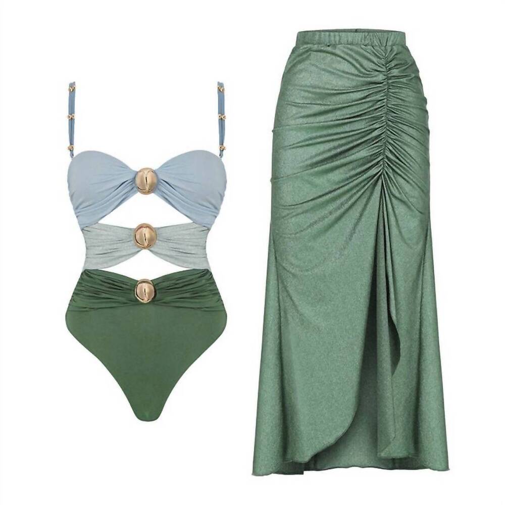 NEW DIPPED SHOP women's hollow out swimwear with cover skirt set in green